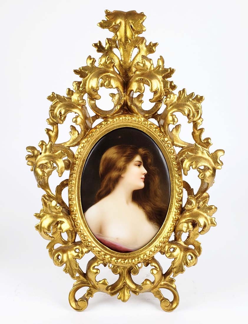 Exquisite 19th C. KPM Plaque of Woman: Exquisite 19th C. KPM Plaque of Woman. The frame measures 15 1/4" x 10 1/4" and the plaque measures 6 3/4" x 5"