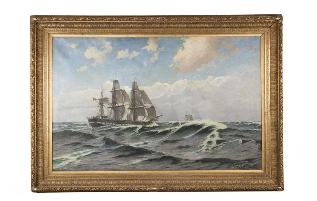 Carl Ludwig Thilson Locher, (Danish, 1851-1915), Two Danish Frigates In The Open Sea, Oil On Canvas,: Carl Ludwig Thilson Locher, (Danish, 1851-1915), Two Danish Frigates In The Open Sea, Oil On Canvas, 65 X 99in. Description: Carl Ludwig Thilson Locher(Danish, 1851-1915)Two Danish frigates in the ope