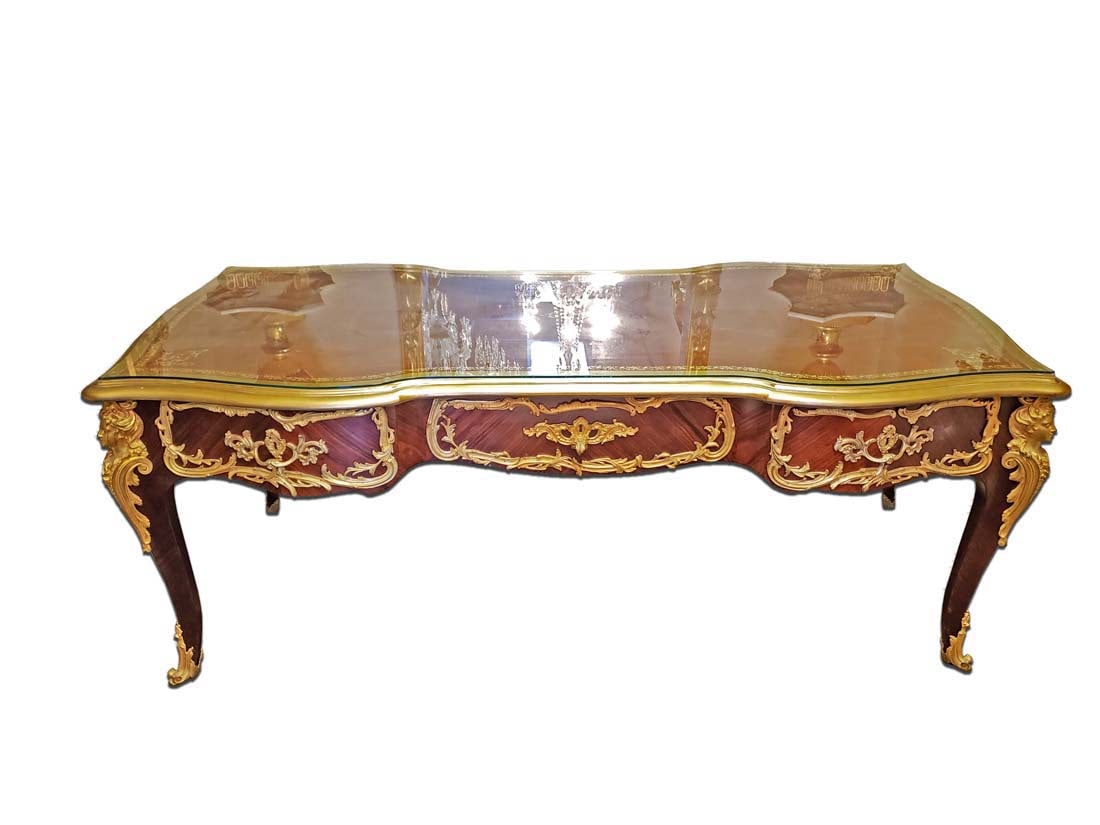 Magnificent F. Linke Kingwood & Gilt Bronze Desk, 19th C.: Magnificent F. Linke Kingwood & Gilt Bronze Desk, 19th C.. Measures 32" x 79 1/2" x 37 1/2", Has Glass Top and signed F. Linke on bronze mount.