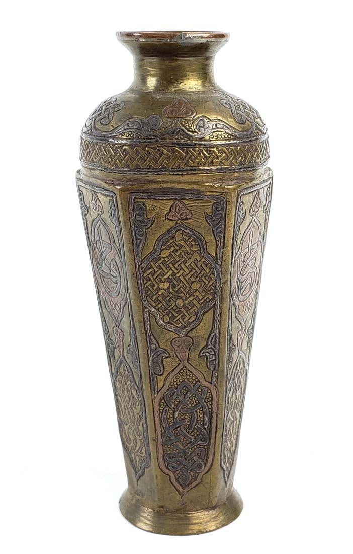 Persian Bronze Engraved Damascus Vase: Persian Bronze Engraved Damascus Vase. Measures H: 5 3/4" W: 3 1/4"