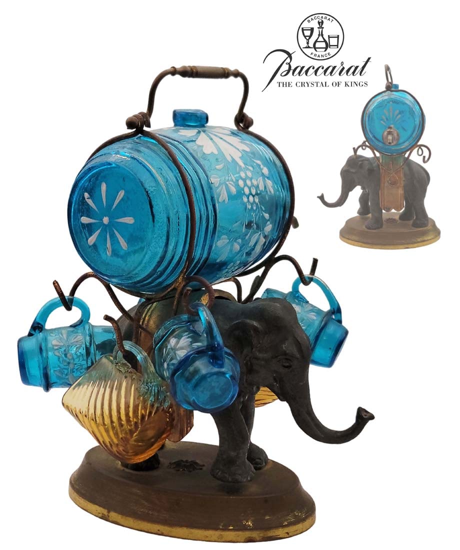 19th C. French Figural Liquor Decanter Blue glass: 19th C. French Figural Liquor Decanter Blue glass. H 9 1/4" x W 6 1/4" x L 7"