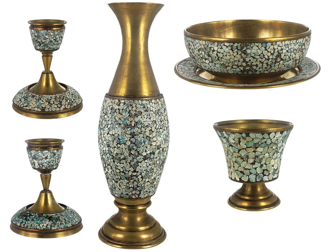 5 Piece Persian Turquoise Set: 5 Pieces Of Persian Turquoise Set. Vase: H 9 7/8" x W 2 7/8" / Pair of candlesticks: H 3 7/8" x W 3 1/2" \ Cup: H3 1/2" x W 3 1/4" \ Bowl: H 2 1/2" x D 6" \ Plate: D 7"