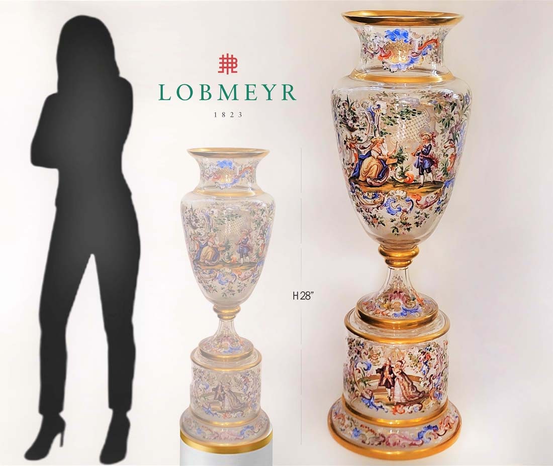 Very Large 19th C. Lobmeyr Enamel Crystal Vase: Very Large 19th C. Lobmeyr Enamel Crystal Vase. H 28" x W 9"