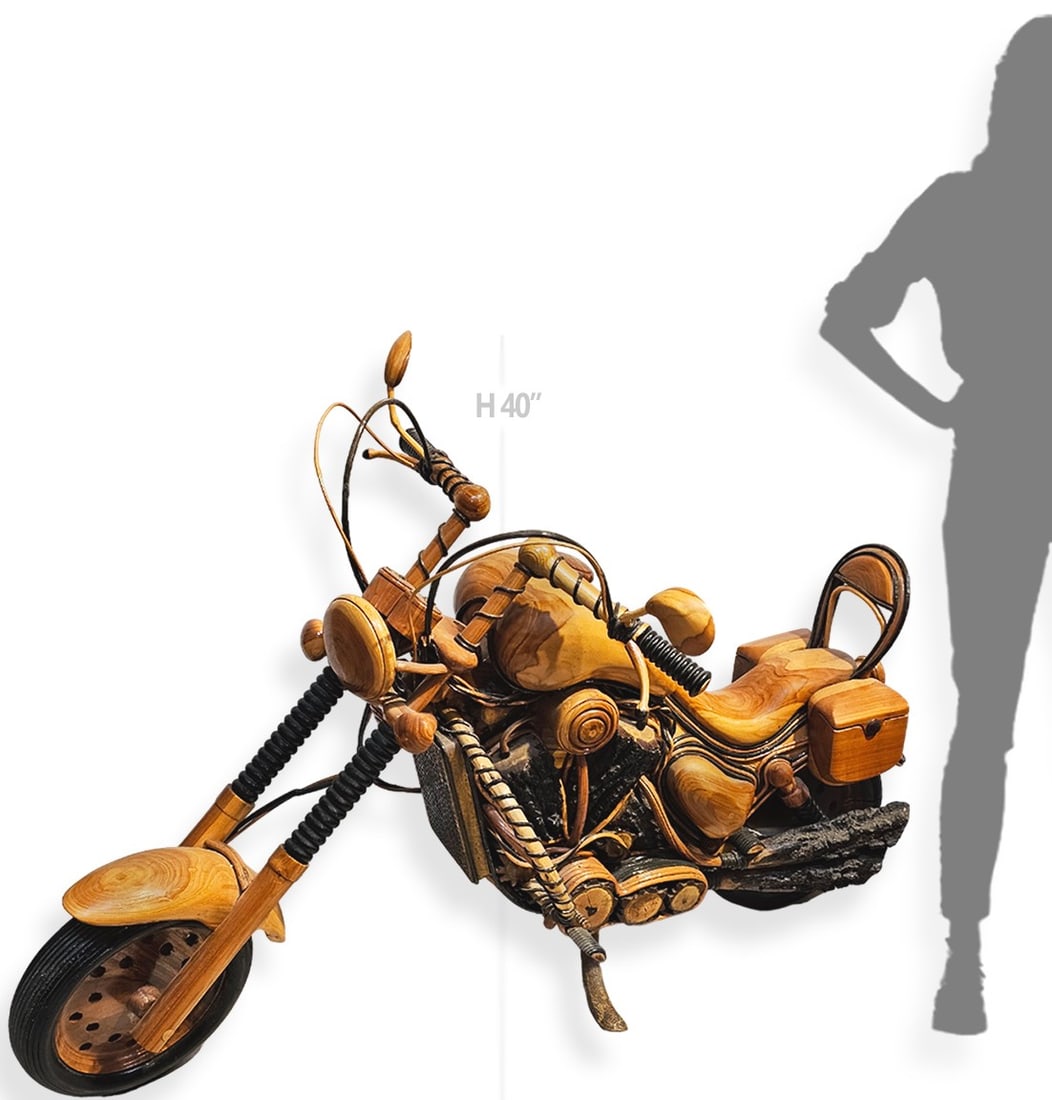 Large Hand Carved Wooden Harley Davidson Model Motorcycle: Large Hand Carved Wooden Harley Davidson Model Motorcycle. H 40" x W 23" x L 60"