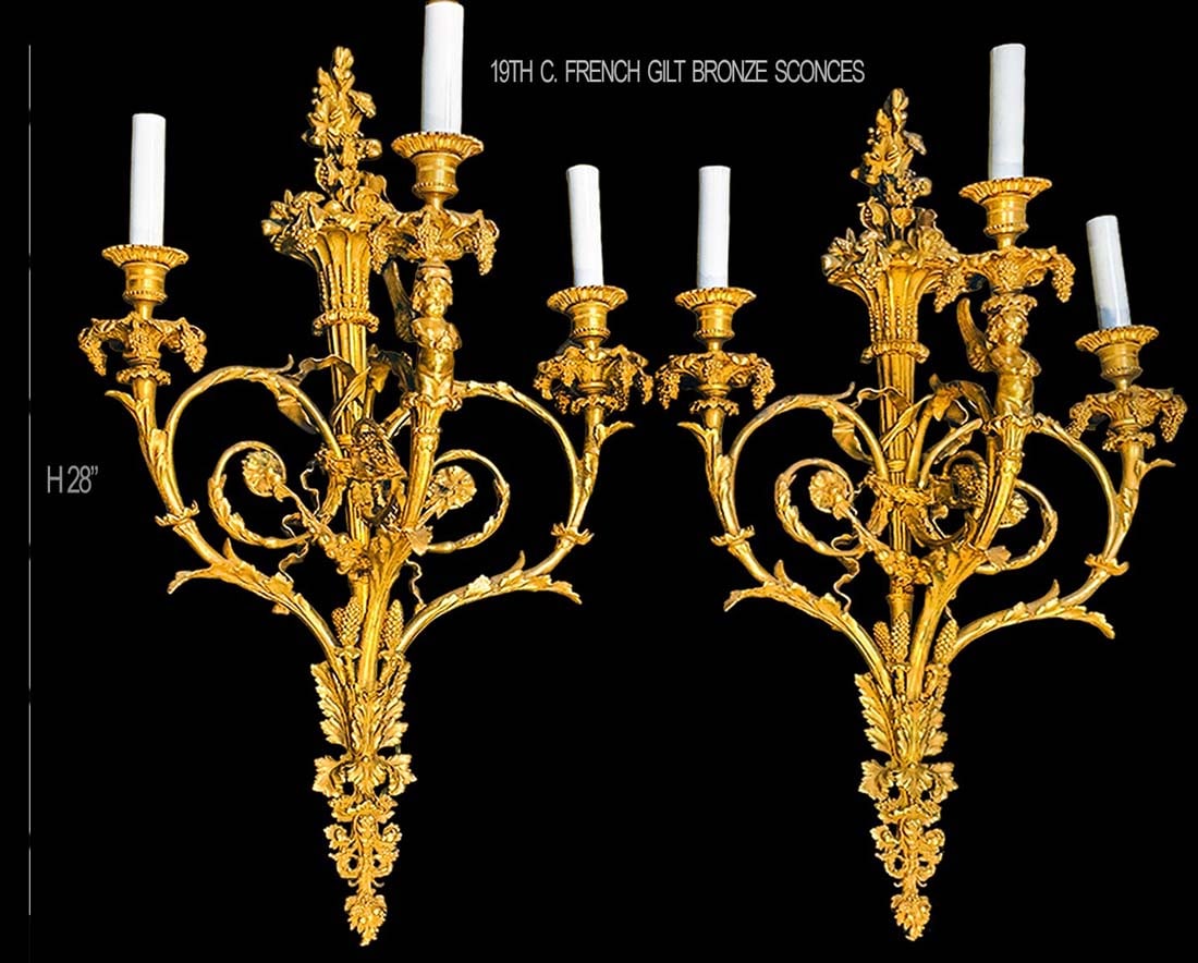 Pair Of 19th C. Henry Dassen French Gilt Bronze Figural Wall Sconces: Pair Of 19th C. Henry Dassen French Gilt Bronze Figural Wall Sconces. H 28" x W 10" x L 17"