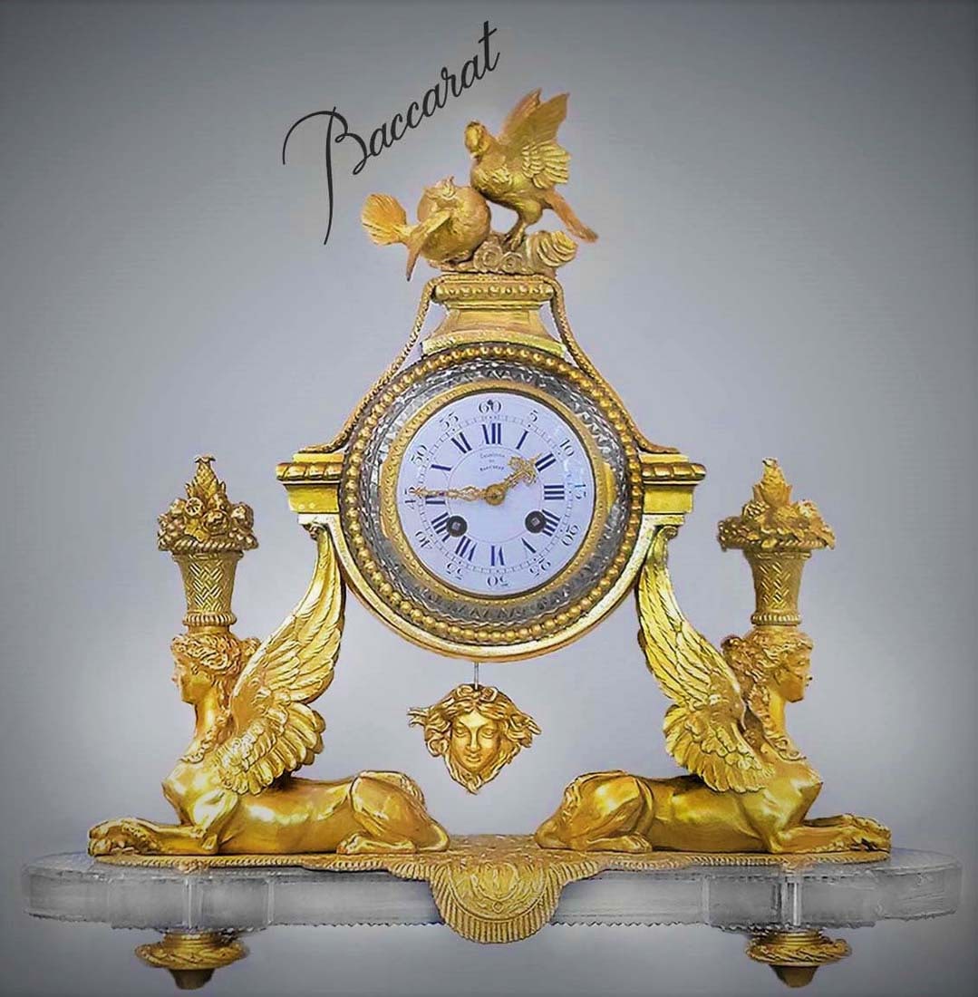 French Ormolu Mounted Cut Glass Baccarat Mantel Clock: French Ormolu Mounted Cut Glass Baccarat Mantel Clock. H 17" x W 6 1/2" x L 18"