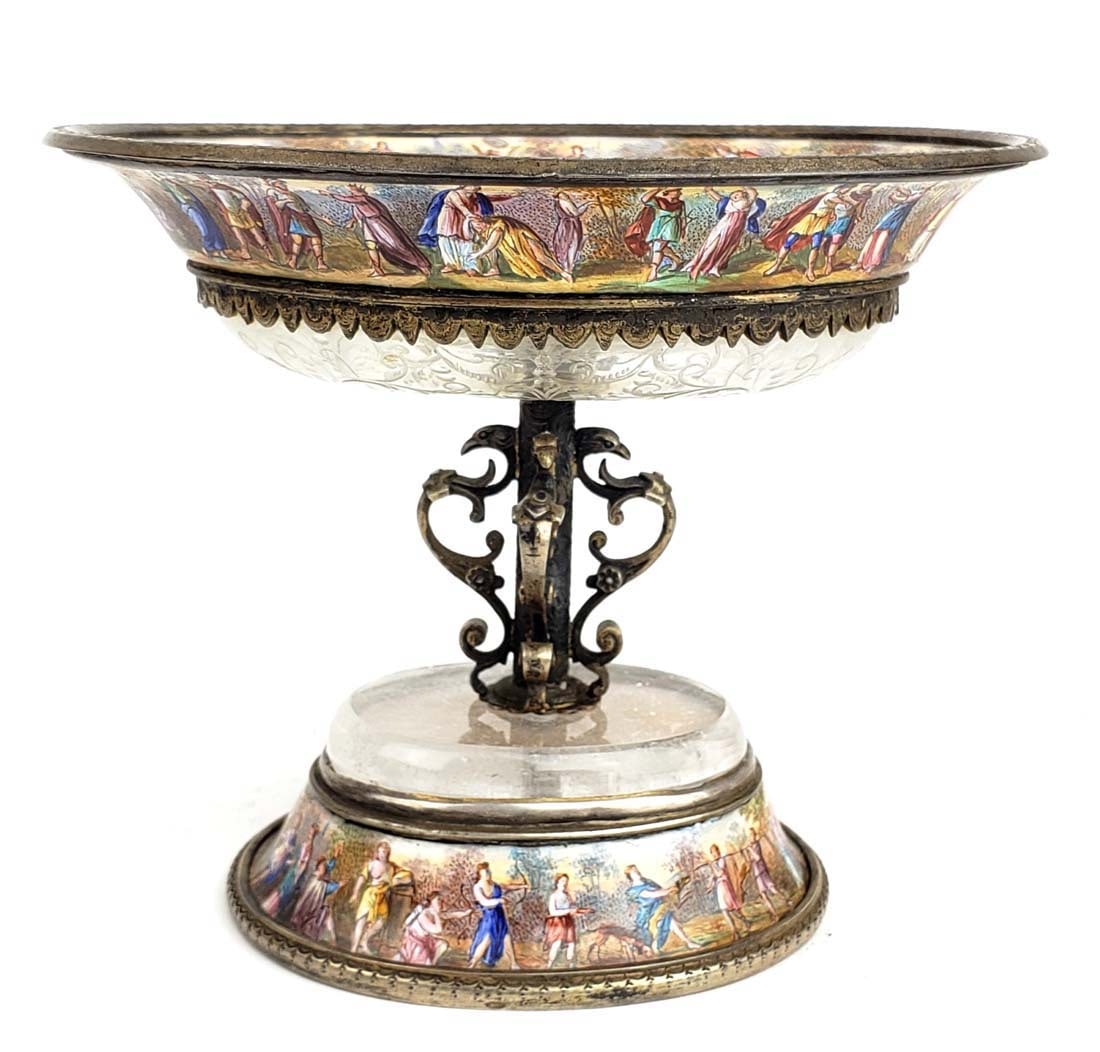 19th C. Viennese Enamel & Rock Crystal on Silver Tazza: 19th C. Viennese Enamel & Rock Crystal on Silver Tazza. Measures H: 4" W: 4 5/8"