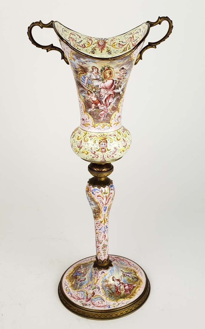 19th C. Large Viennese Enamel Vase w/ Handles (1 of 8)