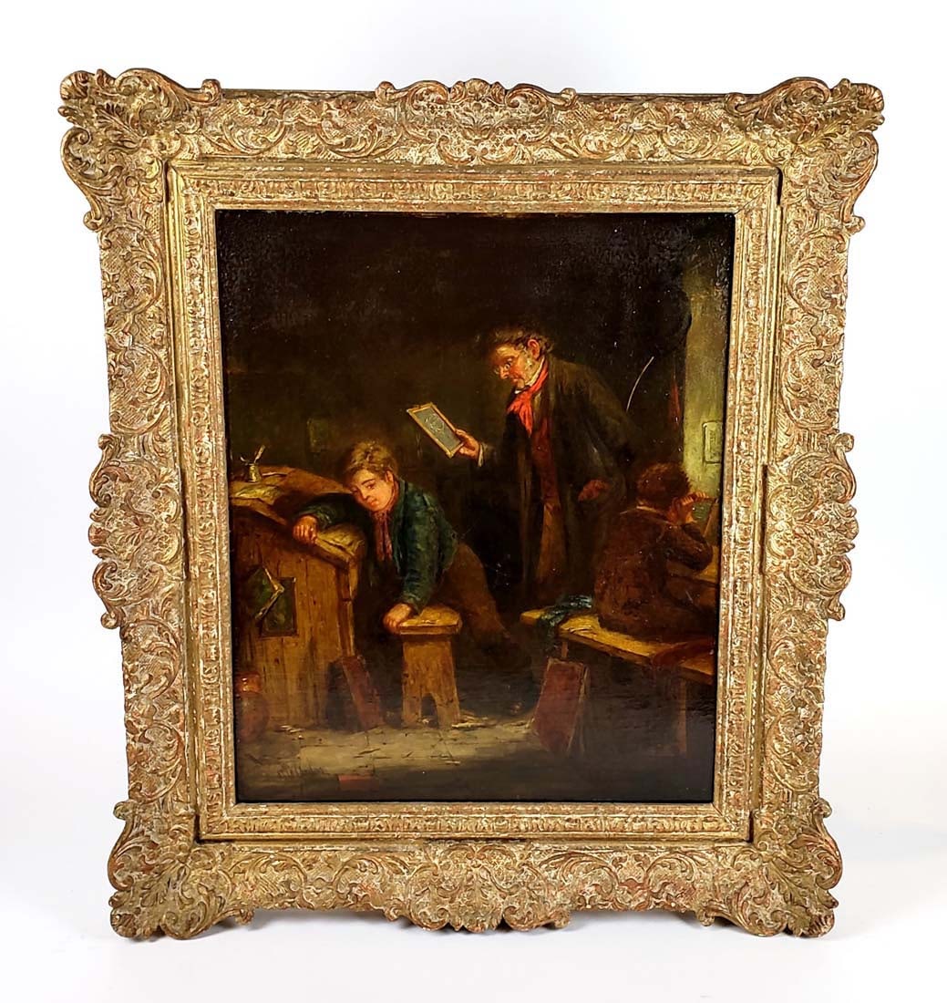 19th C. Mark William Langois Signed "Teacher & Student" Oil on Canvas: 19th C. Mark William Langois Signed "Teacher & Student" Oil on Canvas. It is signed by the artist and the frame measures 25" x 28" and the painting measures 17" x 21"