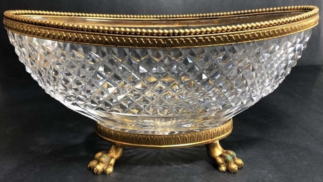 19th C. French Baccarat Crystal and Bronze Mounted Bowl w/ Lion Feet: 19th C. French Baccarat Crystal and Bronze Mounted Bowl w/ Lion Feet. Measures 12 1/2" x 5 3/4"