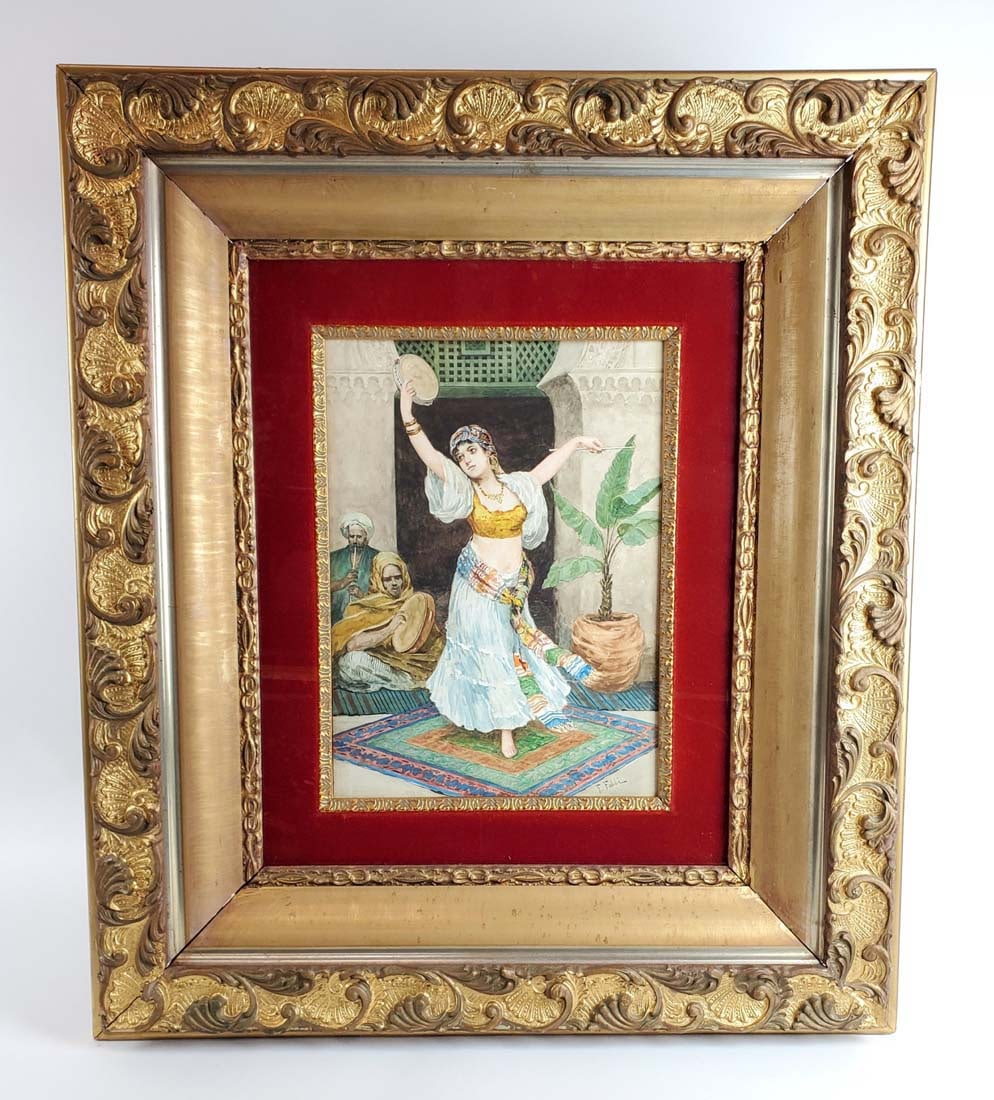 Fabio Fabbi (1861-1946) Orientalist Watercolor Painting: Magnificent Fabio Fabbi (1861-1946) Orientalist Watercolor Painting. The frame measures 30 1/2" x 26 1/4" and the painting measures 10 3/4" x 15"