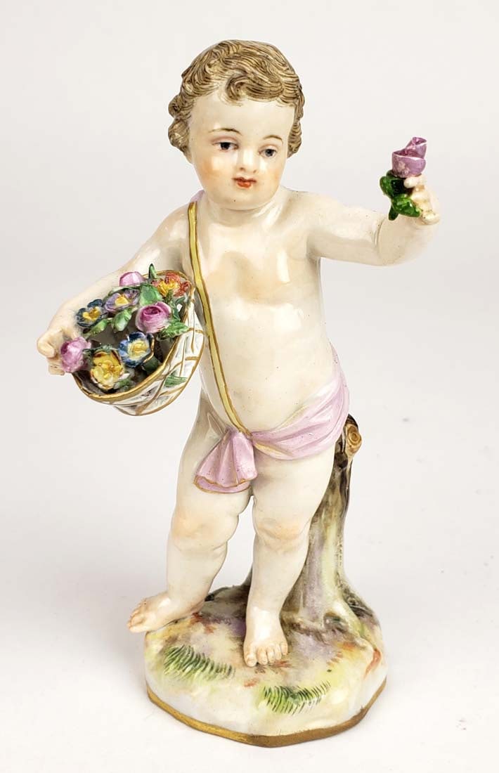 19th C. Meissen Porcelain Figure of Boy w/ Flowers: 19th C. Meissen Porcelain Figure of Boy w/ Flowers . Measures H: 5 1/4"