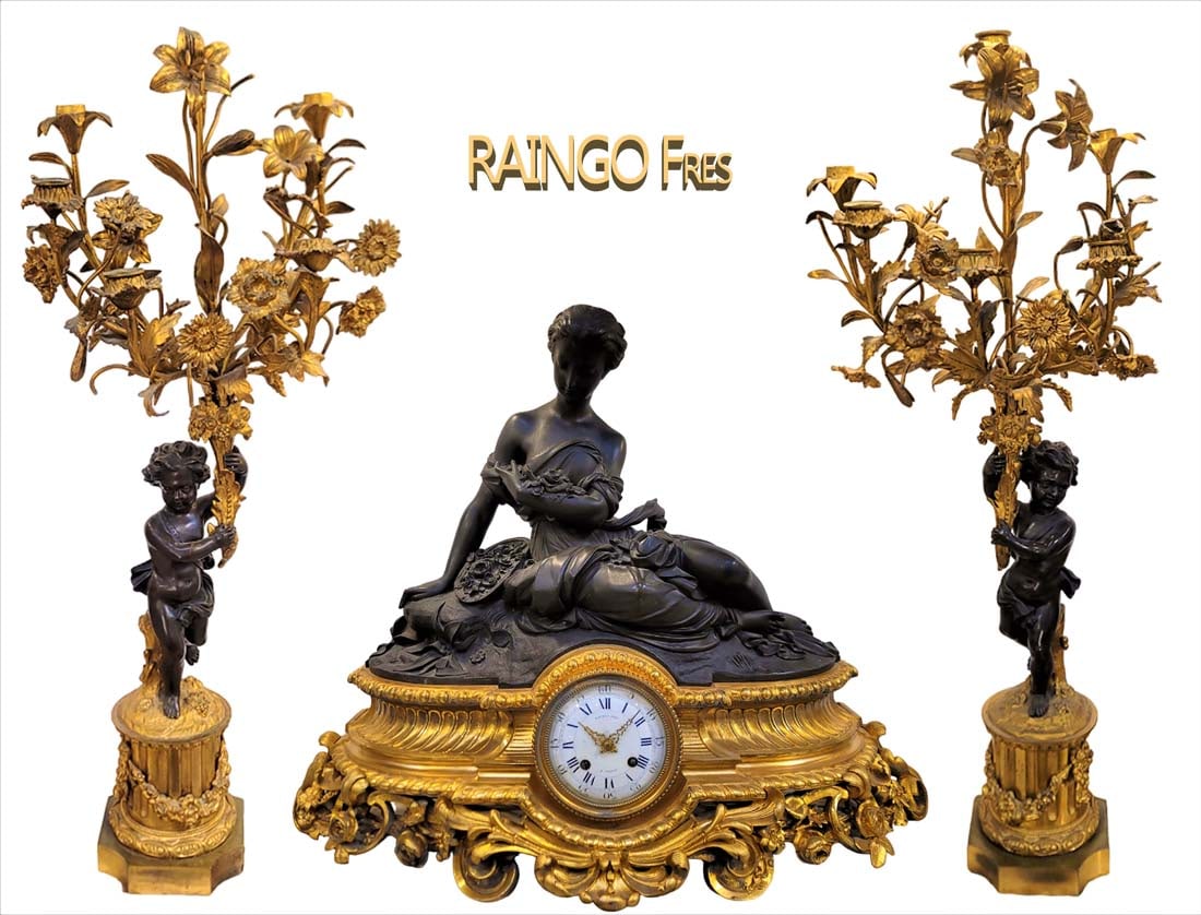 19th C. Large Patina Figural Bronze Clockset Signed By Raingo Fres: 19th C. Large Patina Figural Bronze Clockset Signed By Raingo Fres. Candelabras: H 33" x W 14" \ Clock: H 23 1/2" x L 29"