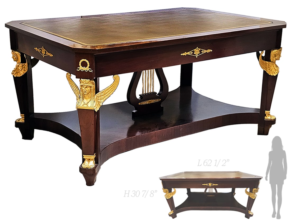 19th C. Empire Figural Bronze Mounted Entrance / Center Table: 19th C. Empire Figural Bronze Mounted Entrance/Center Table. H 30 7/8" x W 41 1/2" x L 62 1/2"
