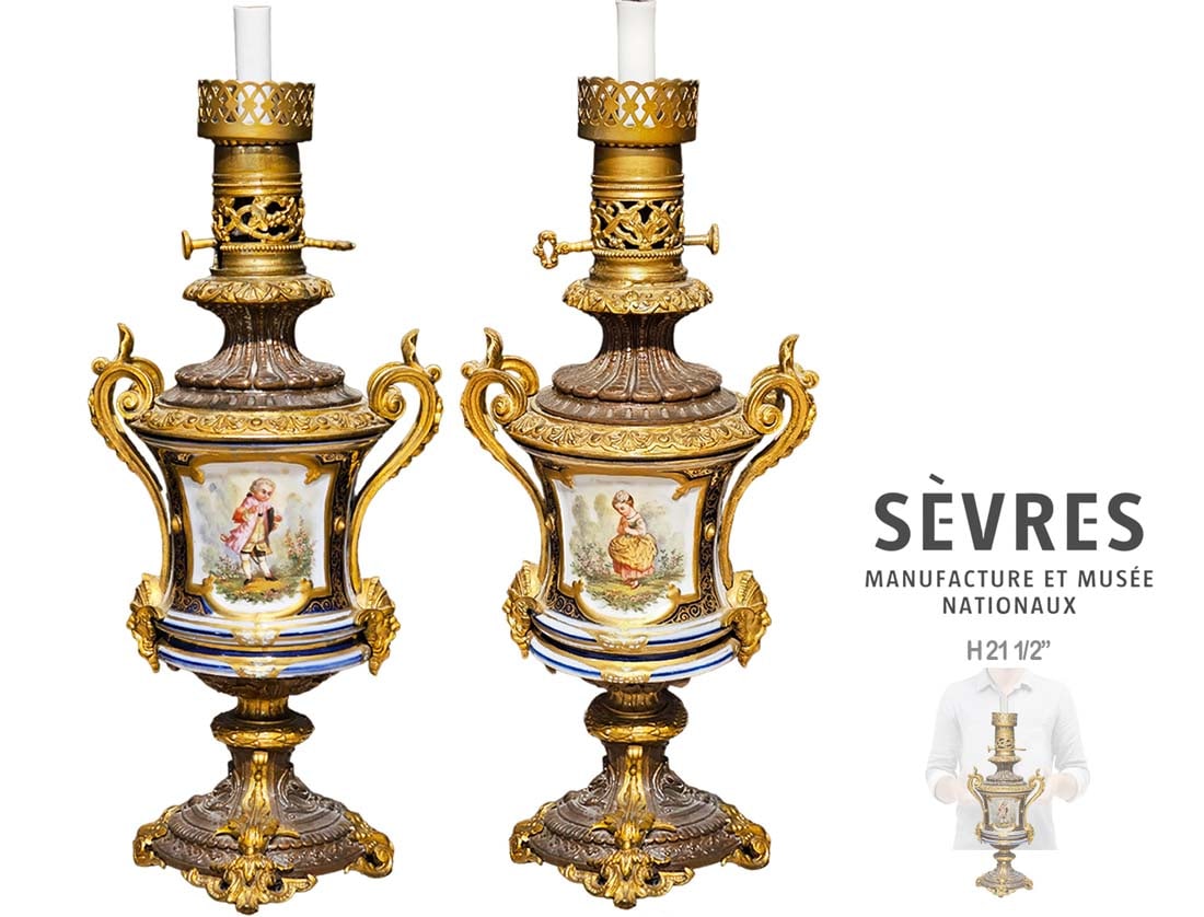 Pair Of Sevres Bronze Mounted Lamps: Pair Of Sevres Bronze Mounted Lamps. H 21 1/2" x W 6" x L 8"