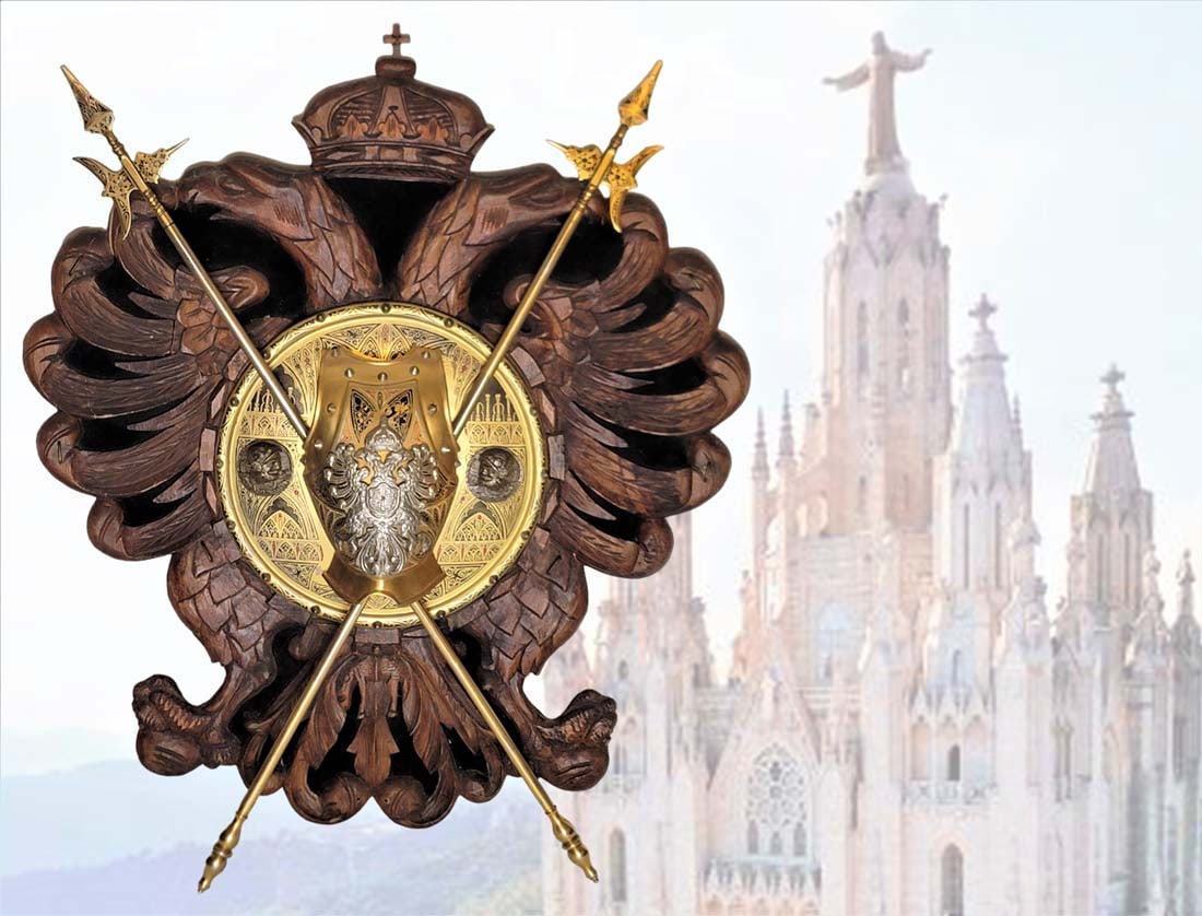 Large Wooden Spanish Figural Enamel On Brass Coat Of Arm: Large Wooden Spanish Figural Enamel On Brass Coat Of Arm. L 27" x W 23"