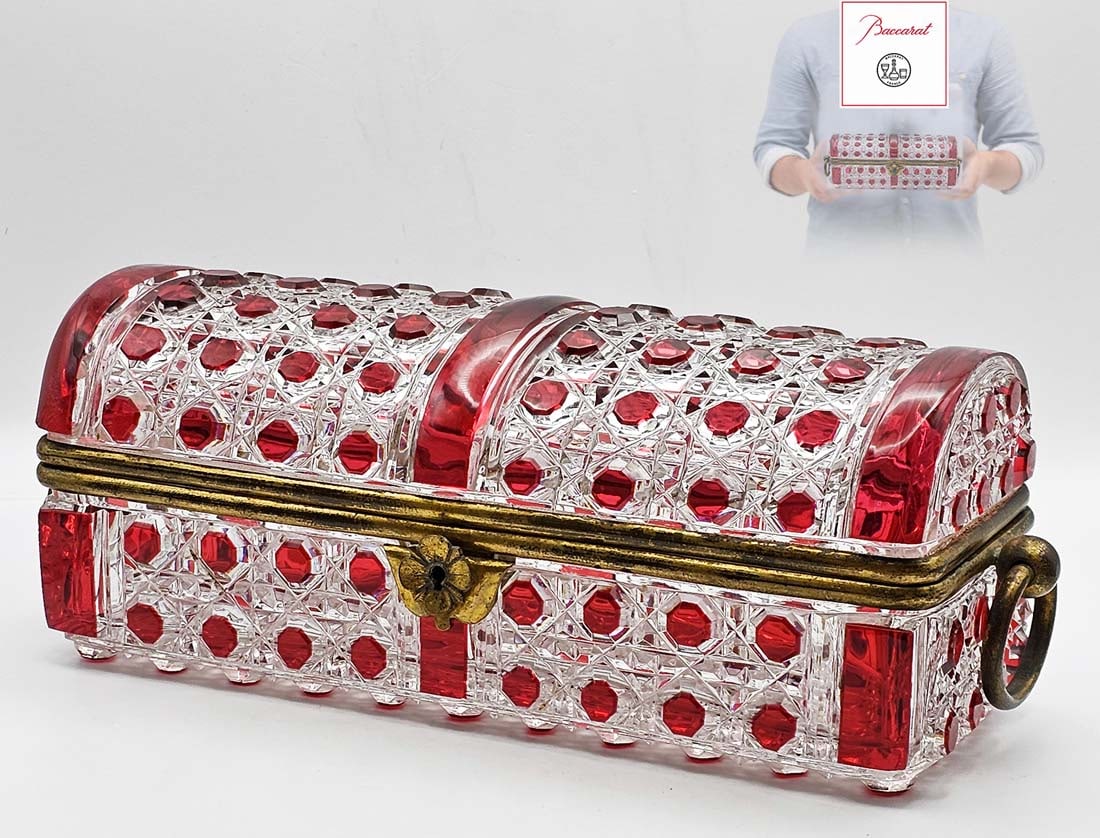 19th C. Baccarat Crystal Cranberry Cut To Clear Glass Casket Box: 19th C. Baccarat Crystal Cranberry Cut To Clear Glass Casket Box. H 4" x W 4" x L 10 1/2"