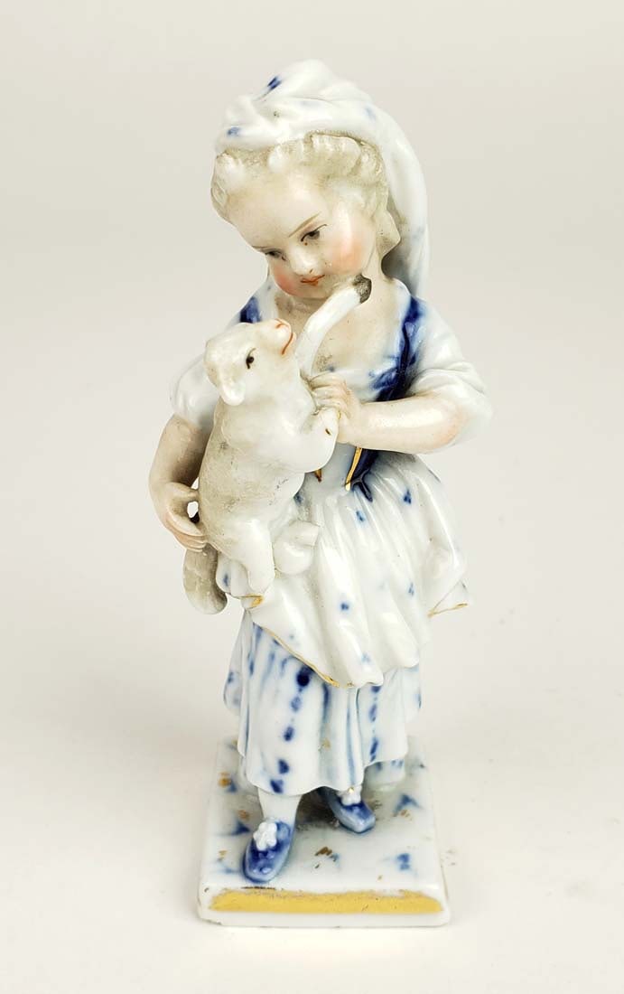 19th C. Meissen Porcelain Figure of Girl w/ Lamb: 19th C. Meissen Porcelain Figure of Girl w/ Lamb. Measures H: 4 1/4"