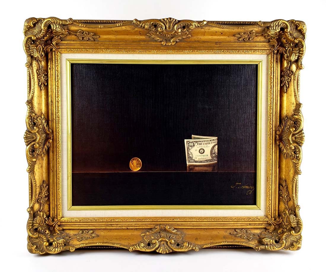 Magnificent Lithograph Still Life Money & Coin by Teimur Amiry: Magnificent Lithograph Still Life Money & Coin by Teimur Amiry. This is a magnificent oil on canvas lithograph painting of the famous California artist Teimur Amiry showing a $100 bill and a liberty g