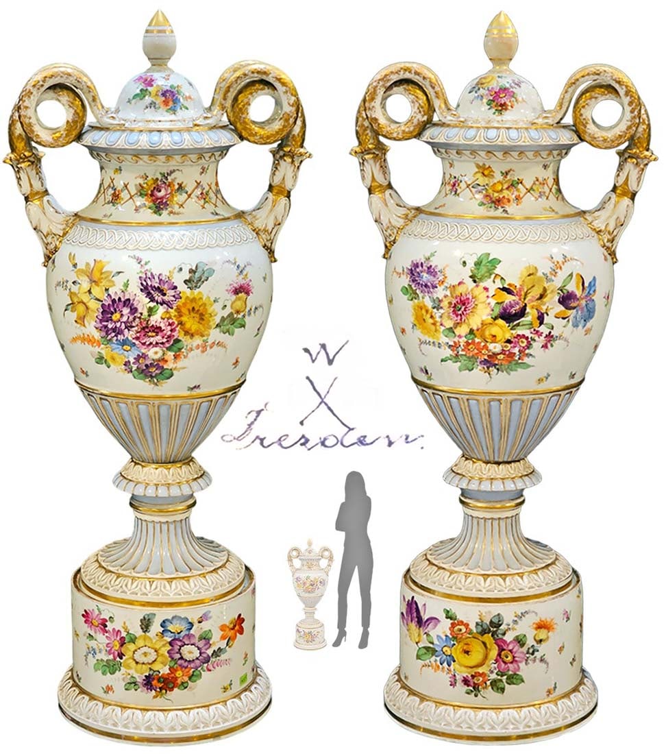 Pair of 19th Century Hand Painted German Porcelain Dresden Vases/urns: Pair of 19th Century Hand Painted German Porcelain Dresden Vases/urns. H 36" x W 10 1/2" x L 15"