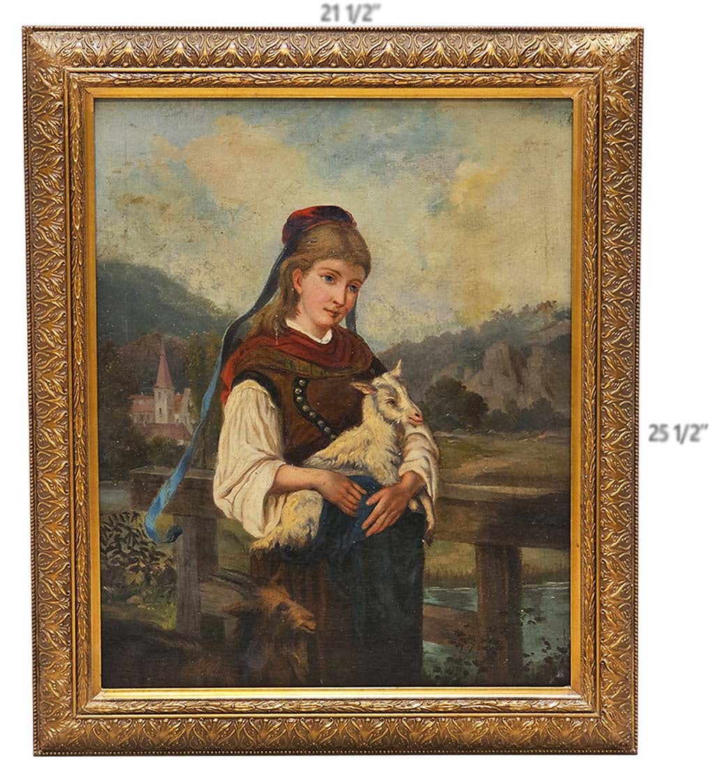 Oil On Canvas Shepherdess Painting: Oil On Canvas Shepherdess Painting. Frame: 21 1/2" x 25 1/2" \ Canvas: 16 1/4" x 20 1/2"