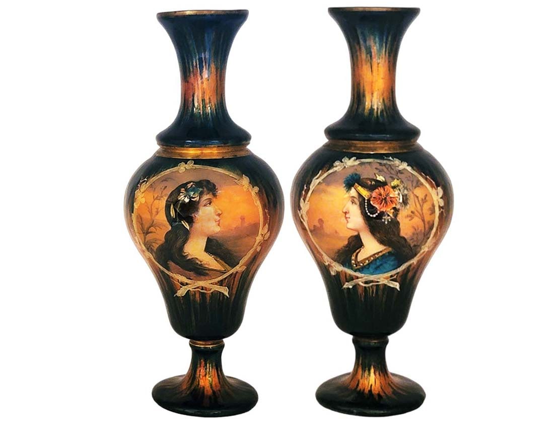 Singed Pair Of 19th C. French Enamel On Bronze Vases: Singed Pair Of 19th C. French Enamel On Bronze Vases. H 9"