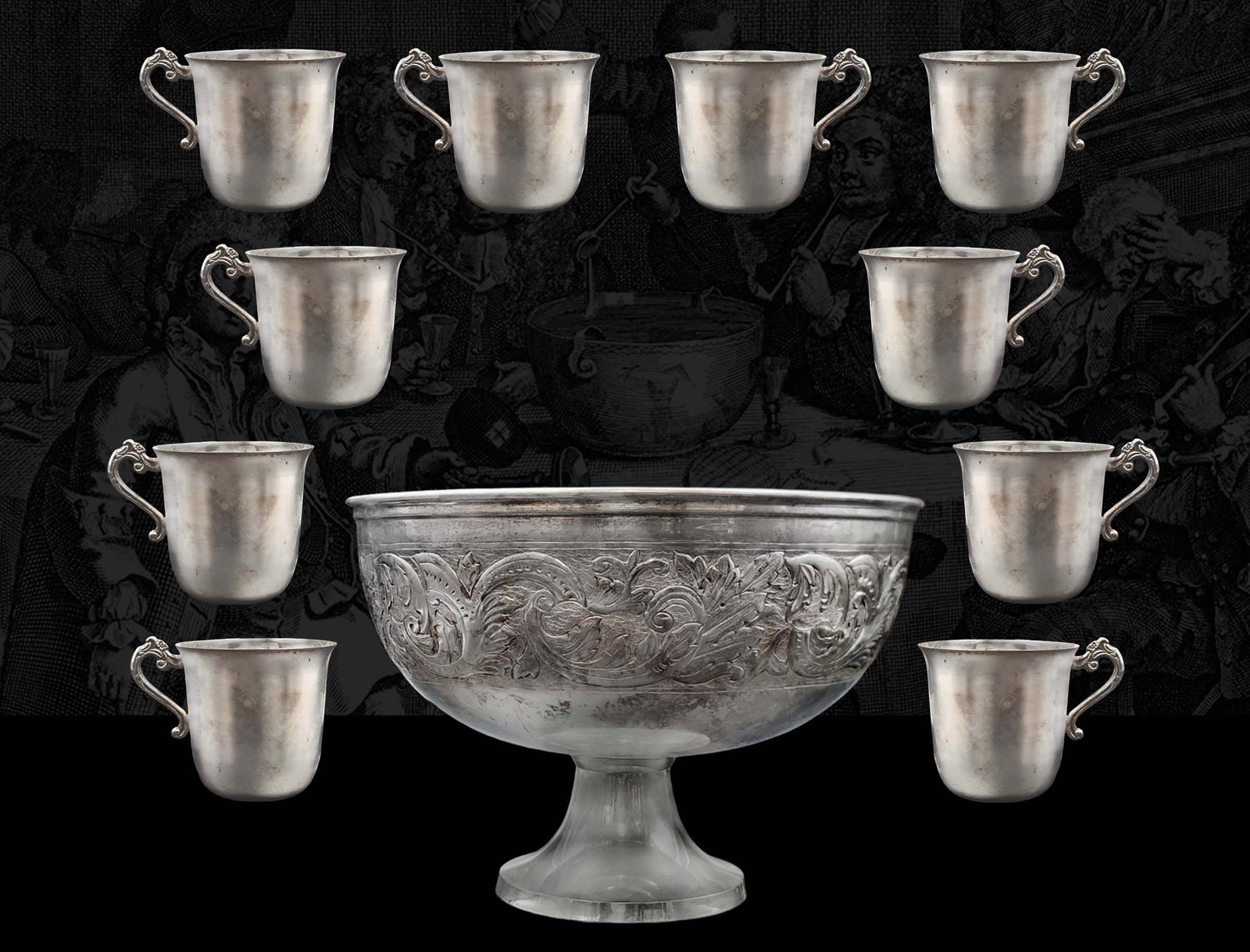20th C. Silver Plated Punch Bowl with Ten Cups (1 of 6)