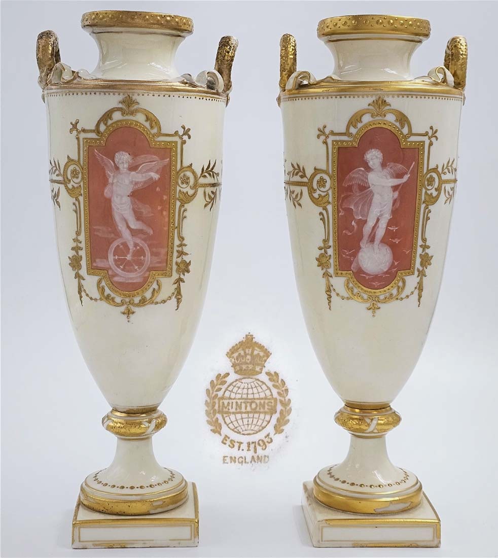 Pair of 19th C. Pate Sur Pate Mintons Porcelain Angel Vases / Urns Decorated By Alboin Briks (1 of 14)