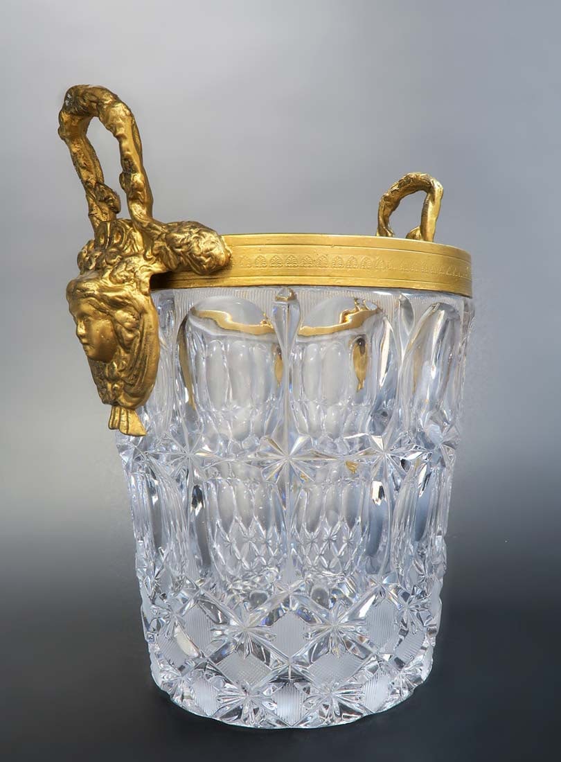 French Baccarat Style Bronze Figural Mounted Crystal Ice Bucket: French Baccarat Style Bronze Figural Mounted Crystal Ice Bucket. H 11" x W 9.5"