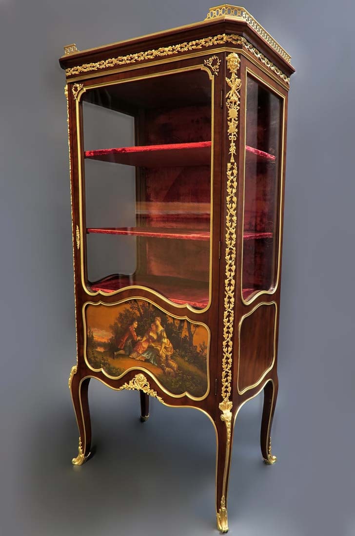 19th C. French Napoleon III Style Mahogany Painted Vitrine Cabinet With Bronze Mounts Signed By Link: 19th C. French Napoleon III Style Mahogany Painted Vitrine Cabinet With Bronze Mounts Signed By Linke. H 55" x W 15.5" x L 26"