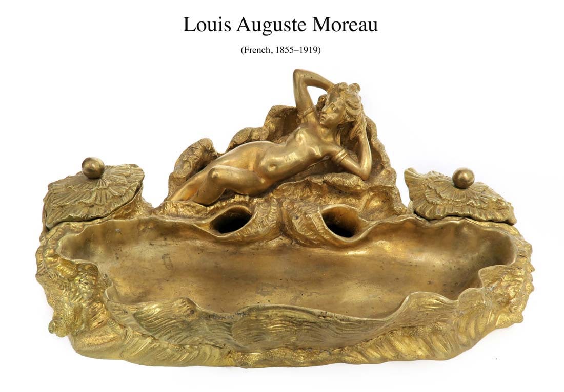 19th C. Nude Figural Bronze Inkwell Signed Louis Moreau (1 of 5)