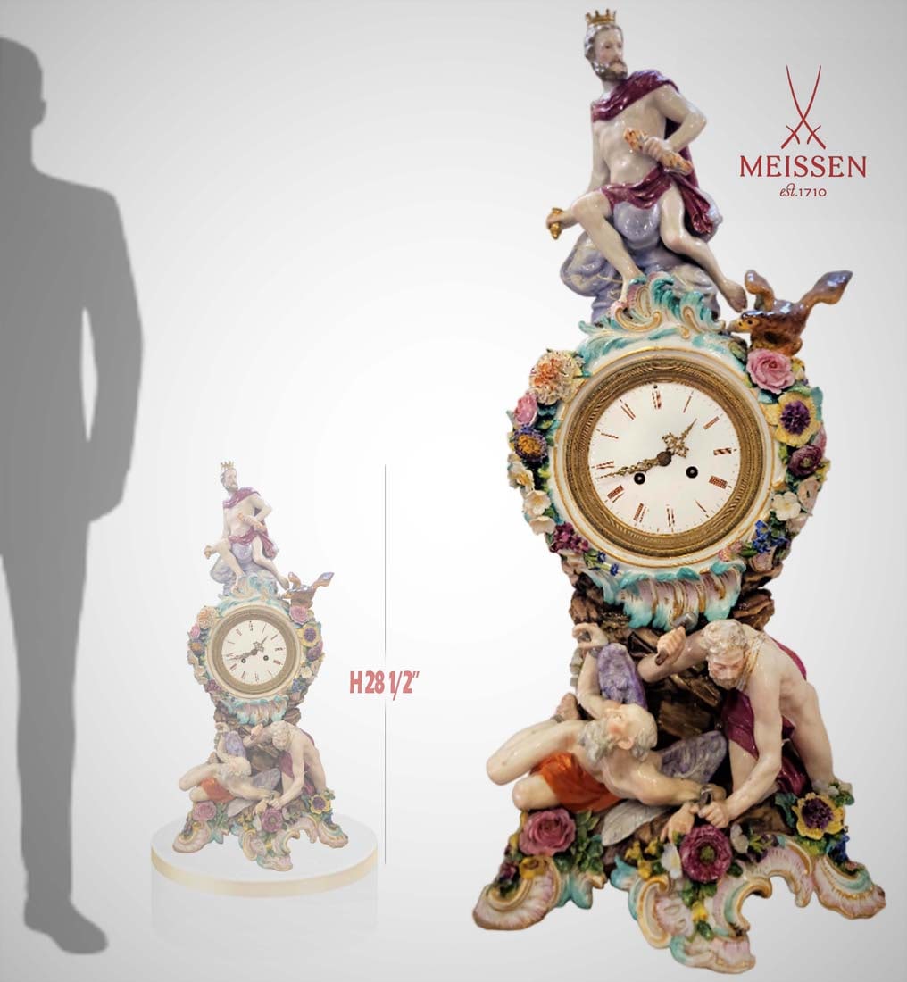 Large 19th C. Figural Meissen Porcelain Clock: Large 19th C. Figural Meissen Porcelain Clock. H 28 1/2" x W 9" x L 11"