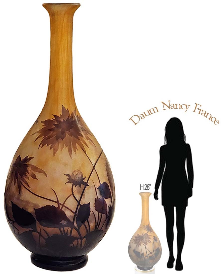Large French Daum Nancy Monumental Cameo Art Nouveau Vase: Large French Daum Nancy Monumental Cameo Art Nouveau Vase. H 28" x W 11"