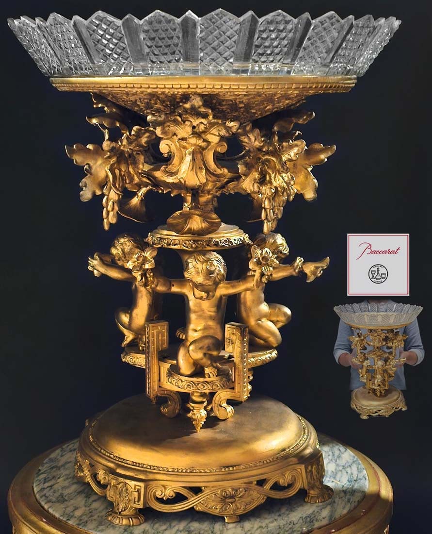 19th C. Large French Figural Bronze Centerpiece With Baccarat Crystal: 19th C. Large French Figural Bronze Centerpiece With Baccarat Crystal. H 18 3/8" x W 15 1/2"