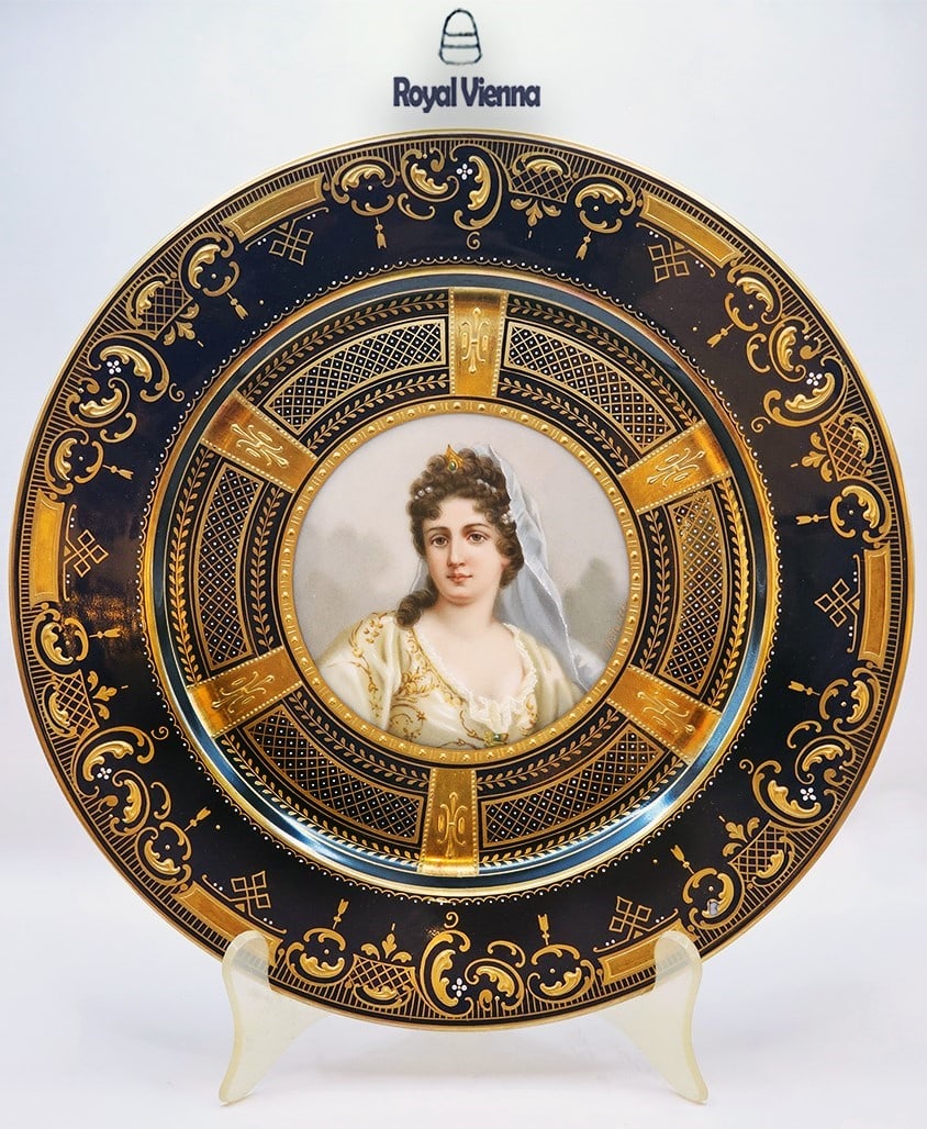 19th C. Royal Vienna Jeweled Hand Painted Portrait Plate, Signed: 19th C. Royal Vienna Jeweled Hand Painted Portrait Plate, Signed. D 10"