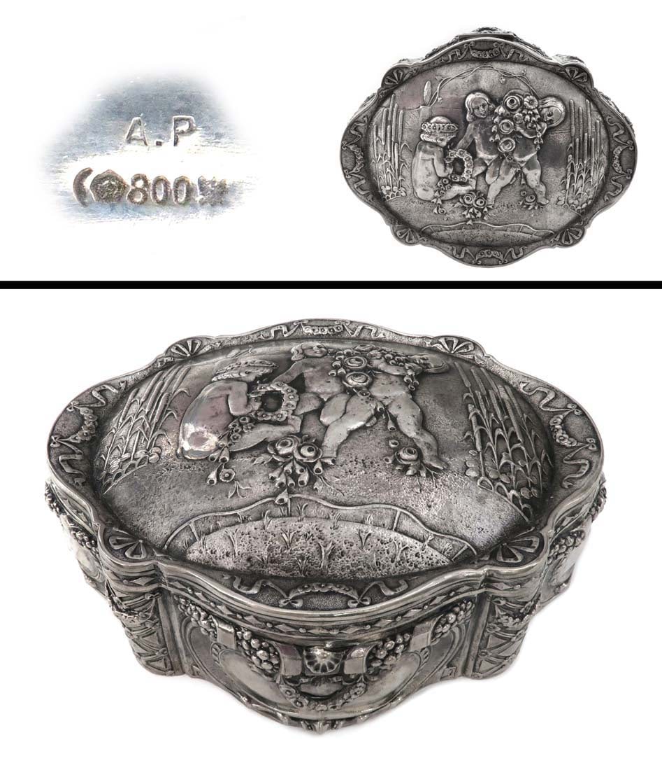 19th C. German Silver 800 Jewelry Box: 19th C. German Silver 800 Jewelry Box. Measures H: 3" W: 7" D: 5 1/2". Total weight is 451 grams