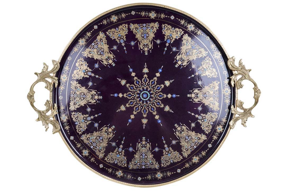 Large Sevres Style Brounze Mounted Porcelain Tray: Large Sevres Style Brounze Mounted Porcelain Tray. Measures 17 1/2" Diameter
