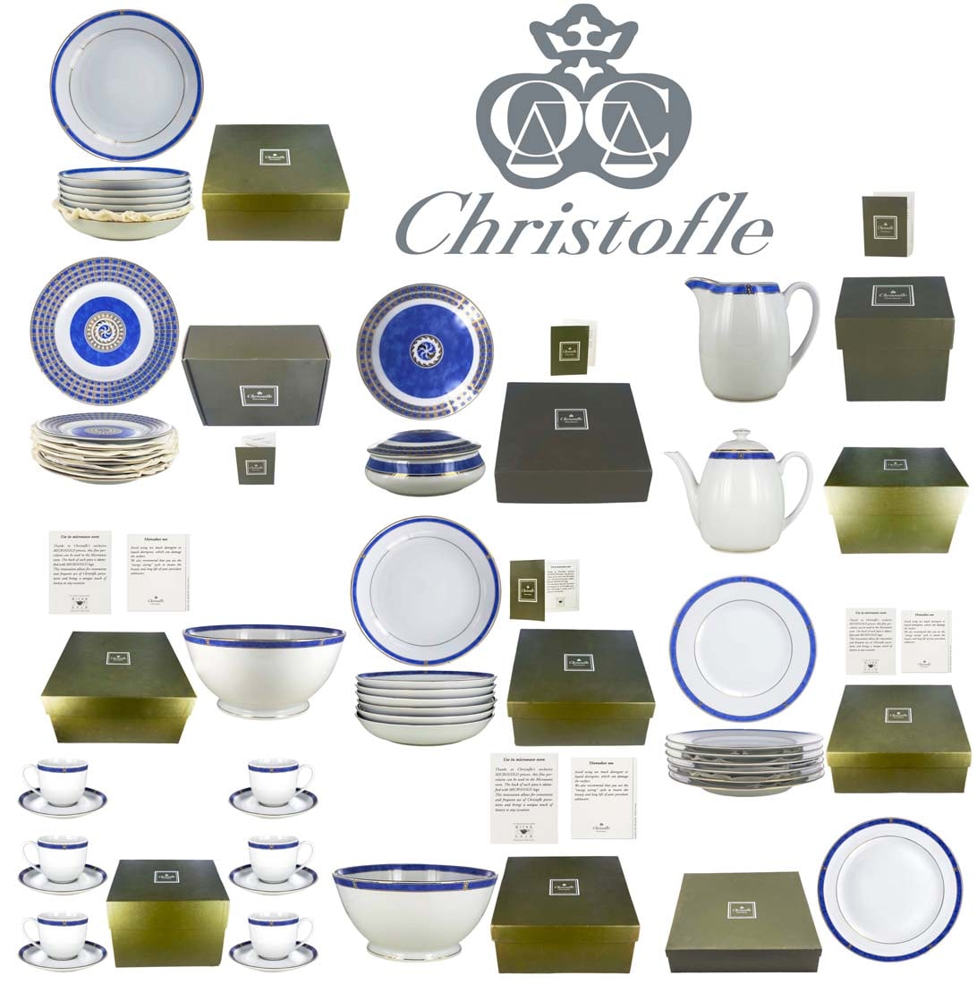 Christofle Porcelain Ocean & Byzantium Blue Service, 36 Pieces: Christofle Porcelain Ocean & Byzantium Blue Service, 36 Pieces. Cup: H 2 7/8" \ Saucer: D 5 4/8" \ 6pcs Ocean Blue ?Cereal Bowl: D 7 5/8" / Round Chop Plate: D 12"\ Ocean Blue Coffee Pot: H 7" \