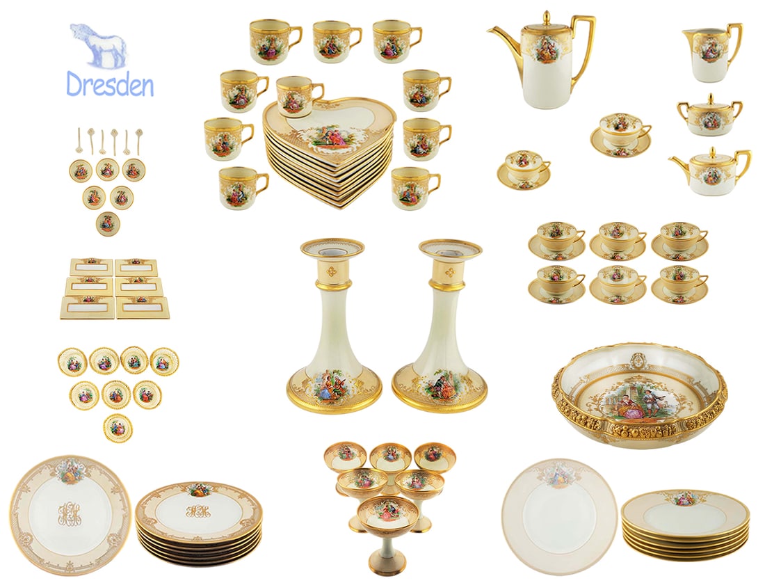 72Pcs Dresden Lamb Porcelain Hand Painted Tea Set: 72Pcs Dresden Lamb Porcelain Hand Painted Tea Set. Tray: H 2" x D 9 1/2" | Tall Tea Pot: H 9 1/2" x W 4" x L 10 1/2" | Sugar Bowl: H 3 7/8" x W 4" x L 6 1/2" | Small Tea Pot: H 5" x W 4 1/2" x L 9