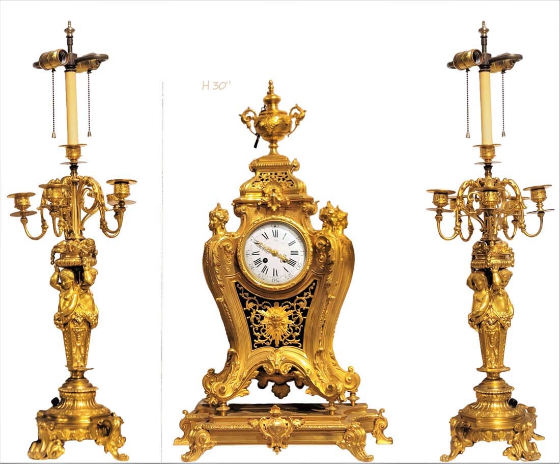 Large 19th C. Figural Gilt Bronze Clockset: Large 19th C. Figural Gilt Bronze Clockset. Candelabras: W 10 1/2" \ Clock: H 30" x W 9 1/2" x L 17 1/2"