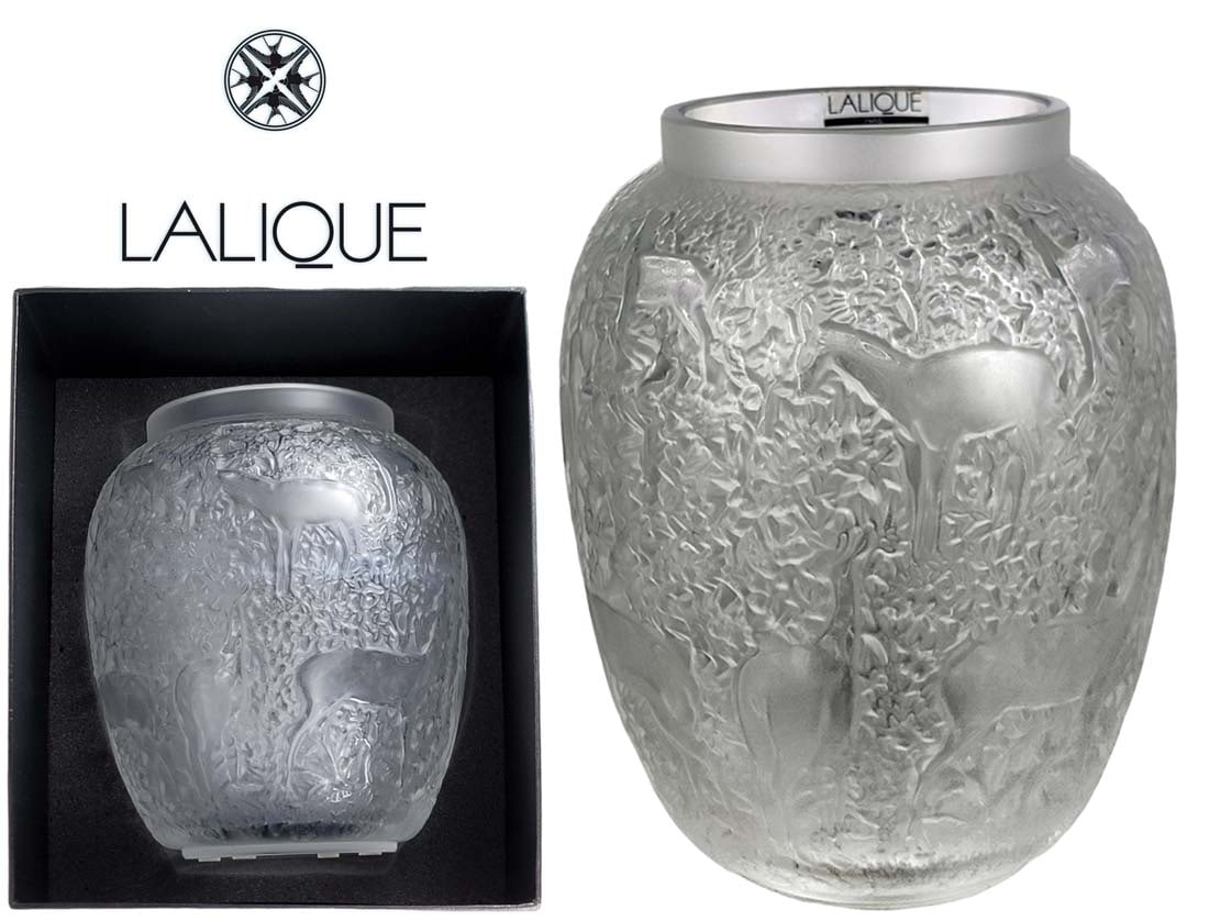 Lalique Crystal Clear & Frosted Glass Deers Vase: Lalique Crystal Clear & Frosted Glass Deers Vase. H 7" x W 5 1/2"