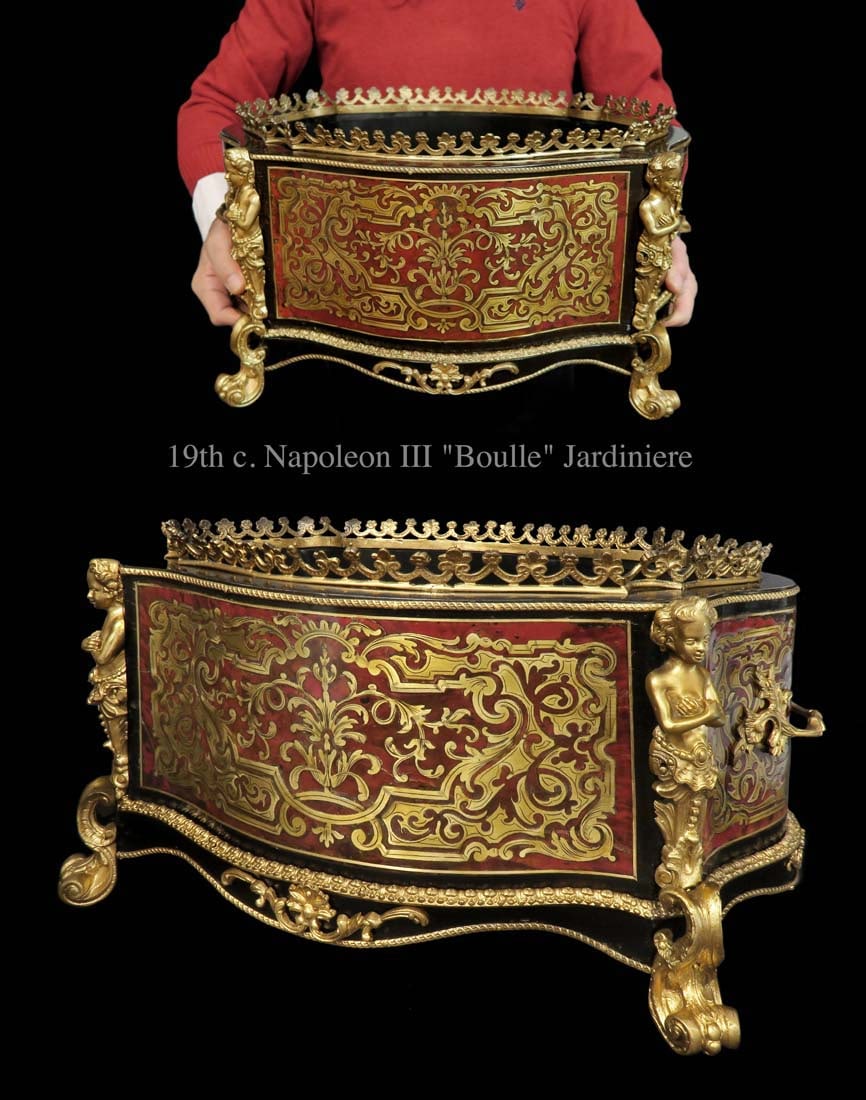 19th C. French Napoleon III Boulle and Gilt Bronze Jardiniere: 19th C. French Napoleon III Boulle and Gilt Bronze Jardiniere. H: 9 1/2" x 19" x 13"
