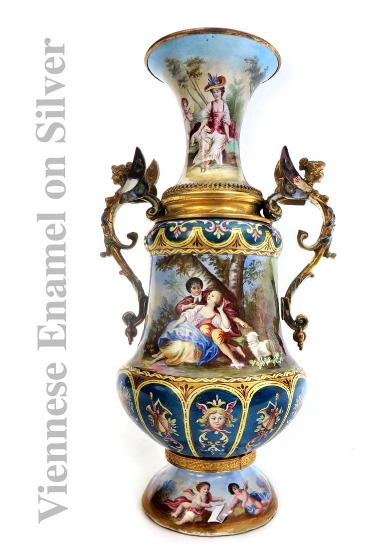 19th C. Viennese Enamel on Silver Vase: 19th C. Viennese Enamel on Silver Vase. Measures H: 7" W: 4"