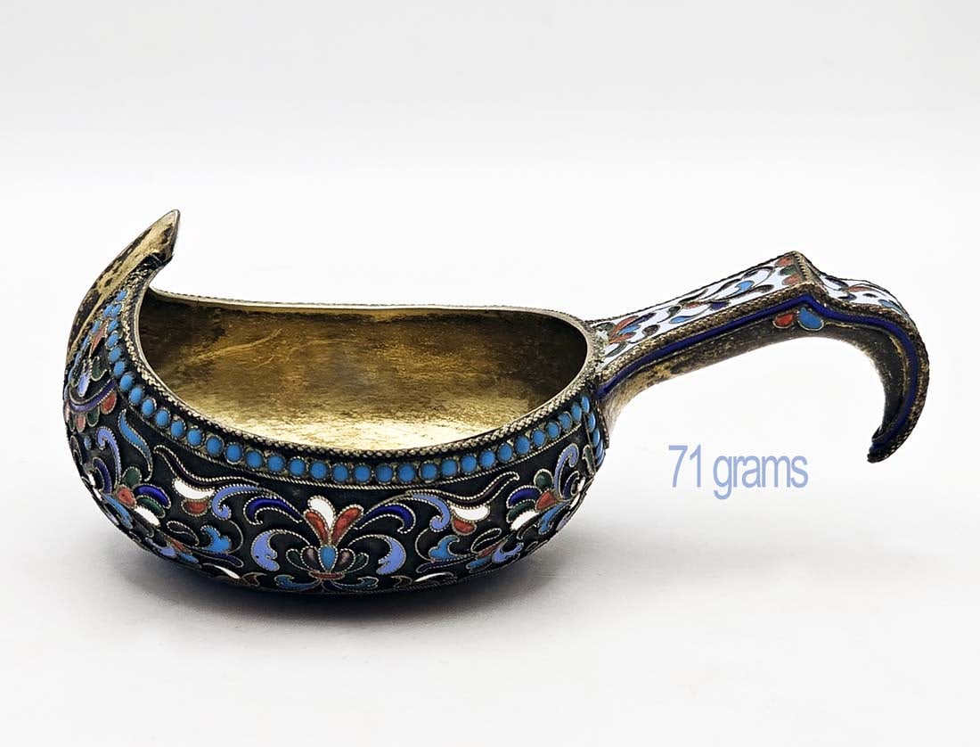 19th C. Faberge Style (71 grams) Russian Enamel Silver Gilt Kovsh: 19th C. Faberge Style (71 grams) Russian Enamel Silver Gilt Kovsh. H 1 7/8" x W 2 1/2" x L 4"