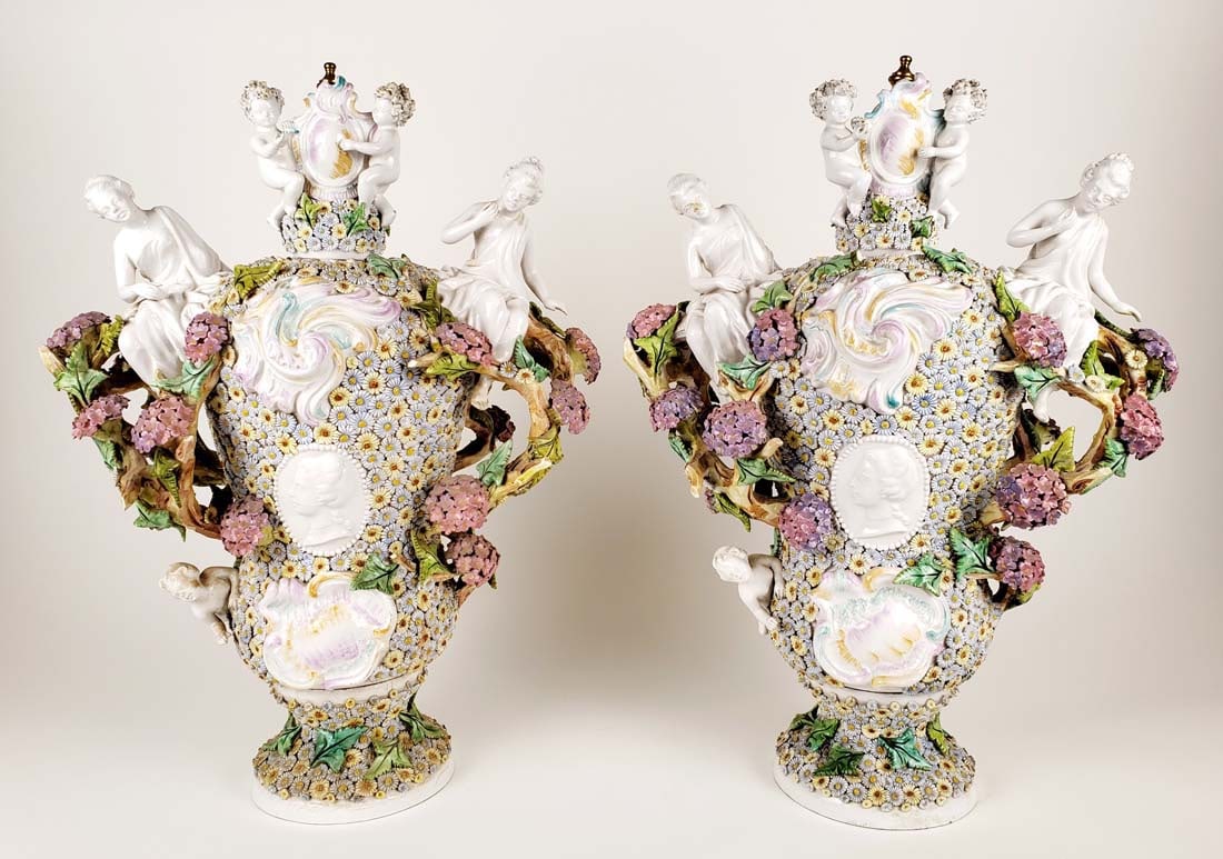 Pair of Large 19th C. Meissen Style Porcelain Figural Floral Encrusted Vases: Pair of Large 19th C. Meissen Style Porcelain Figural Floral Encrusted Vases. They measure H: 19 1/4" W: 14"