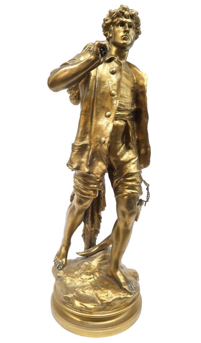 Large French Gilt Bronze Fisherman Statue: Large French Gilt Bronze Fisherman Statue. Measures H: 26"