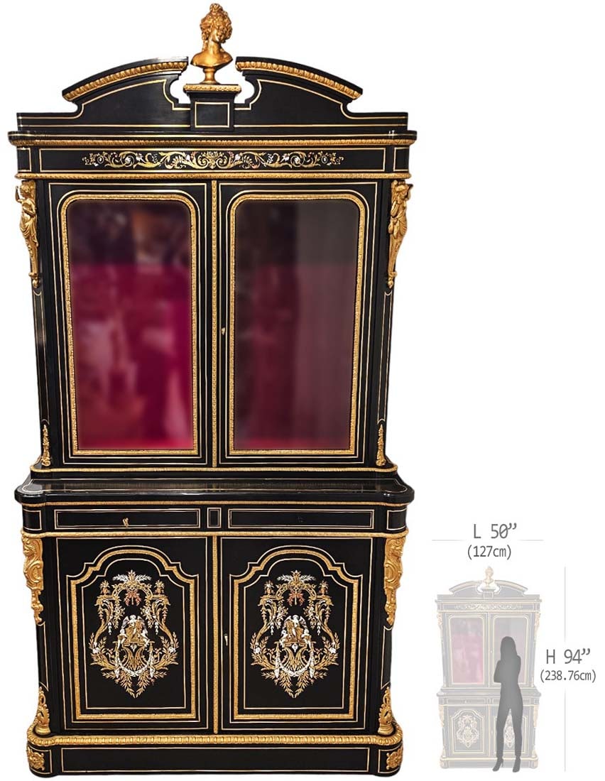 19th C. French Napoleon III Period, Figural Bronze Mounted Marquetry white Mother Of Pearl Vitrine: 19th C. French Napoleon III Period Figural Bronze Mounted Marquetry white Mother Of Pearl Vitrine / Cabinet. H 94" x W 21" x L 50"