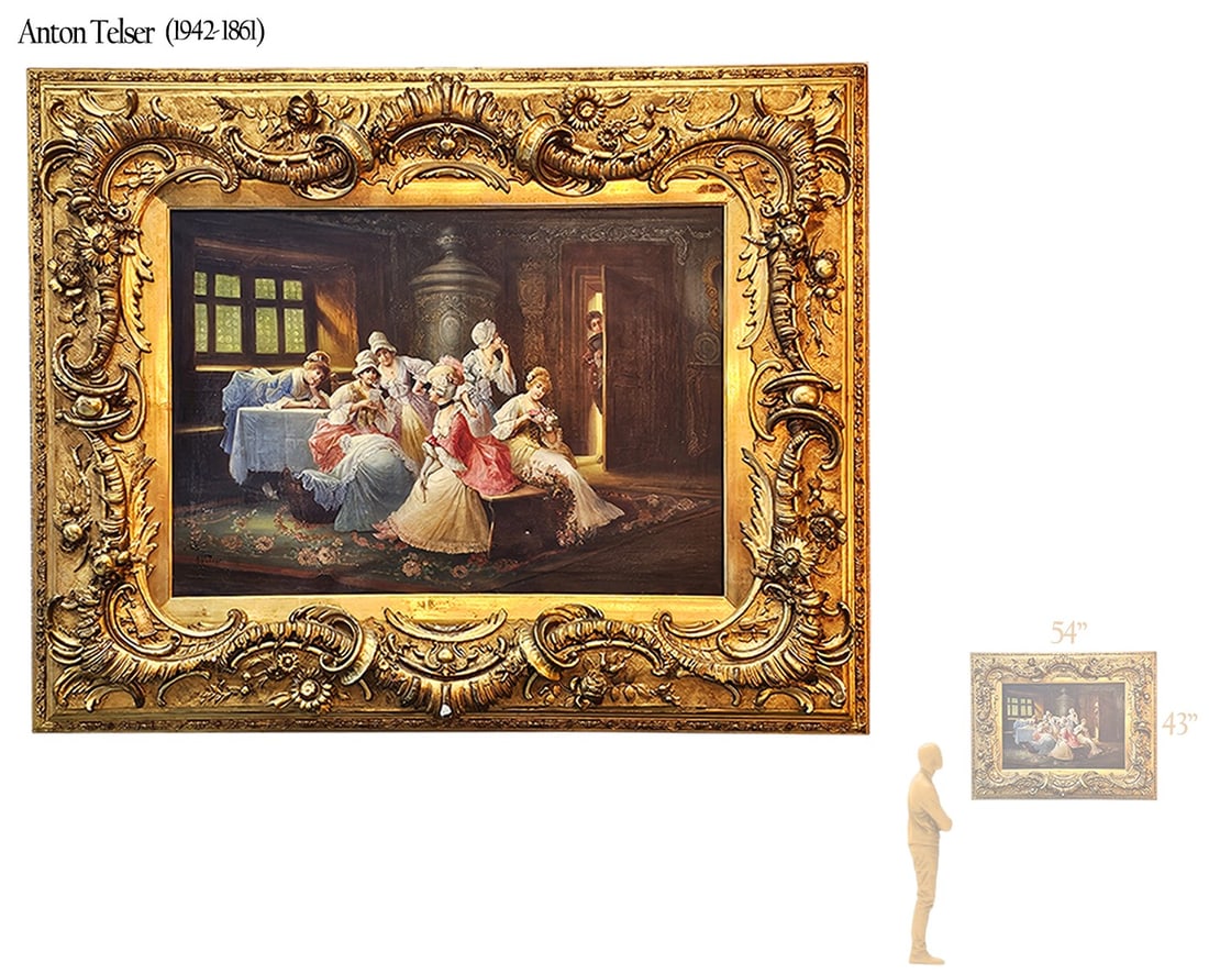 19th C. Oil On Canvas Painting 'A Gathering Of Women' Signed By A. Telser: 19th C. Oil On Canvas Painting 'A Gathering Of Women' Signed By A. Telser. Frame: 54" x 43" \ Canvas: 35" x 25"