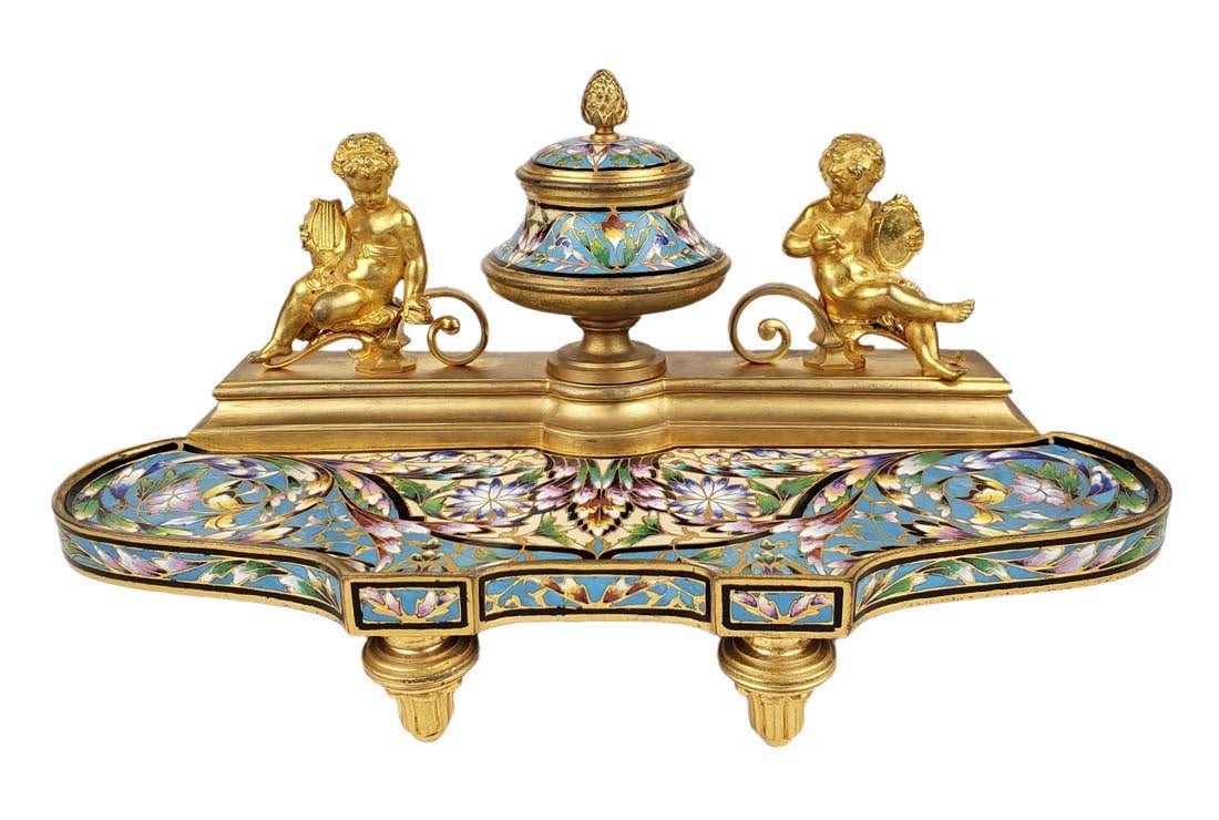19th C. Alph Giroux Bronze & Champleve Enamel Inkwell: 19th C. Alph Giroux Bronze & Champleve Enamel Inkwell. Measures H: 6 1/4" x 11 3/4" x 5 1/2"