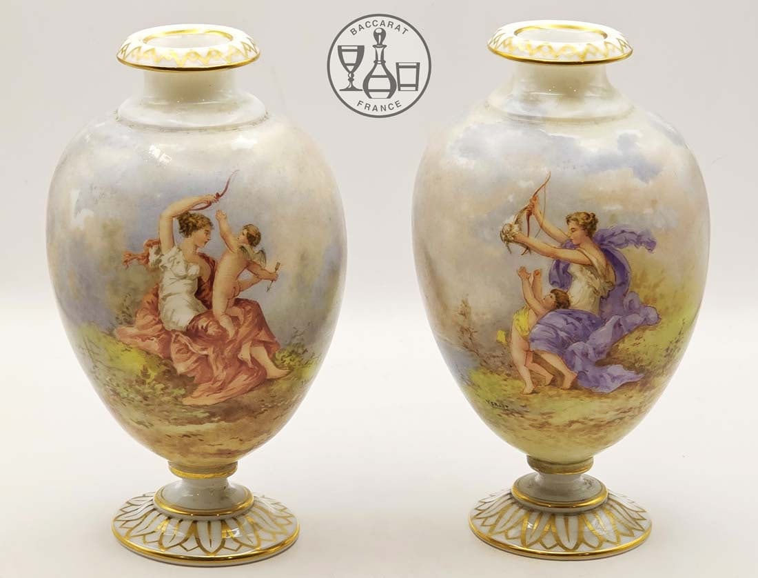 Pair Of 19th C. French Baccarat Opaline Vases, Signed: Pair Of 19th C. French Baccarat Opaline Vases, Signed. H 6 1/2" x W 3 1/2"